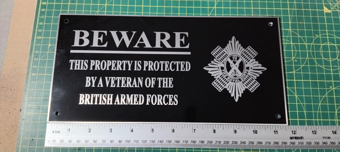 Royal Scots Regiment veteran property protection sign – laser engraved Dibond plaque on a garden gate
